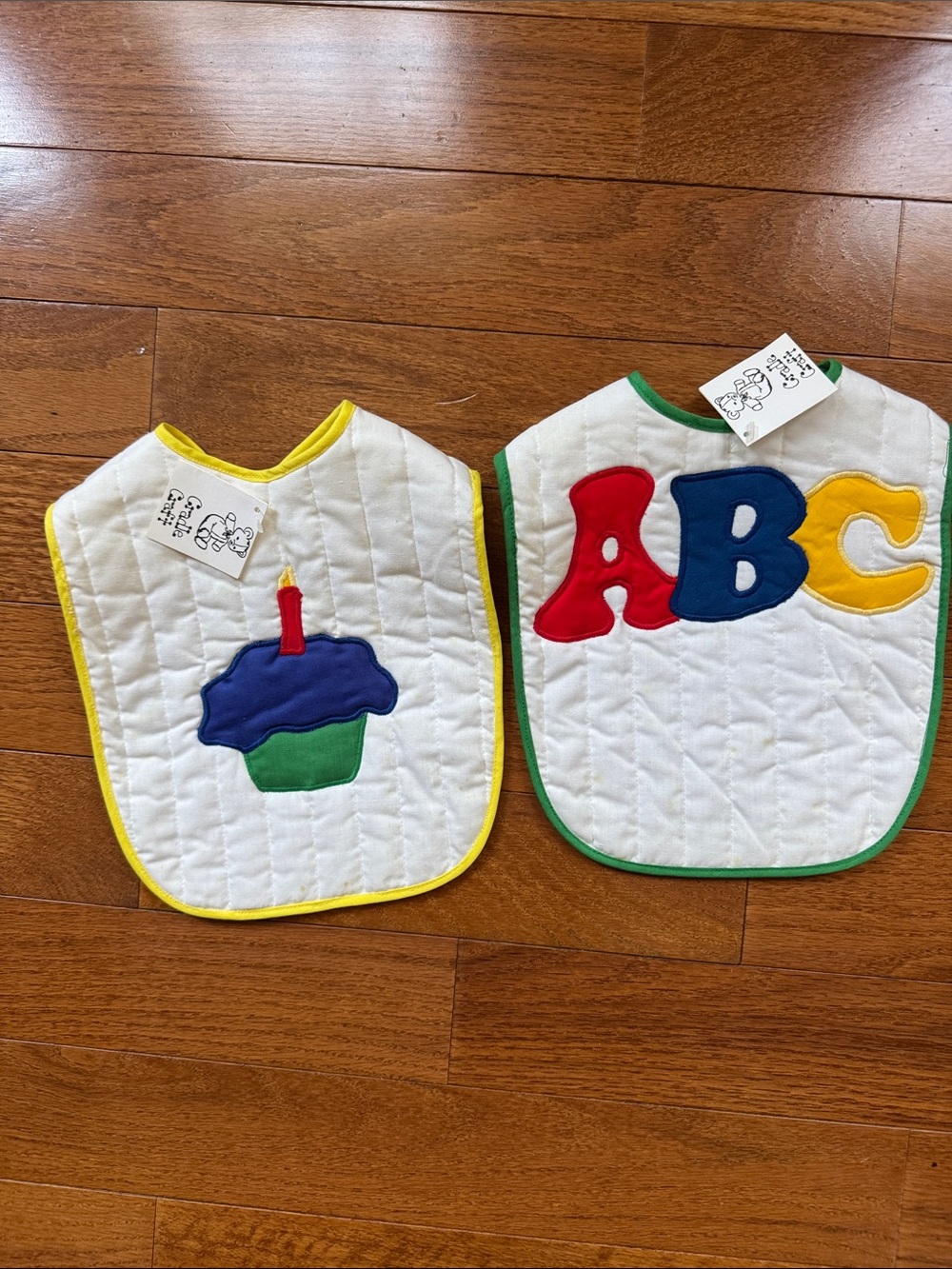 Kids White Quilted Bibs with Colorful ABC & Cupcake Appliqués